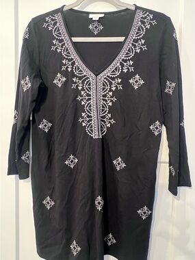 Black Boho Print Tunic with White Embroidered Detail J Jill